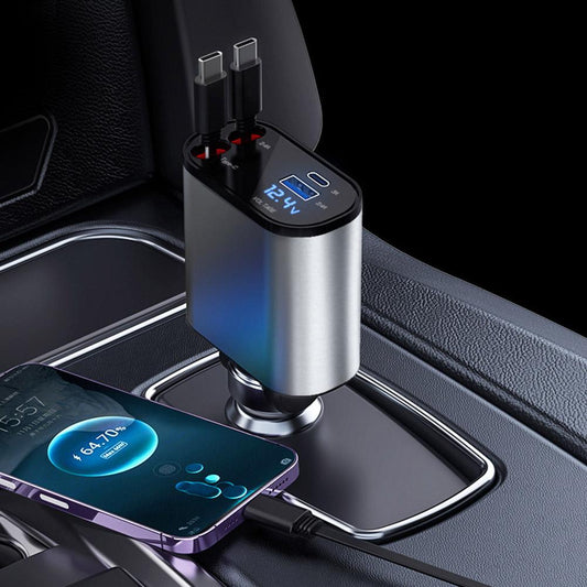 All-in-One Retractable Car Charger | 4-Port Fast Charging Solution. 4-Port Retractable Car Charger (Dual Cables + Dual USB Ports)